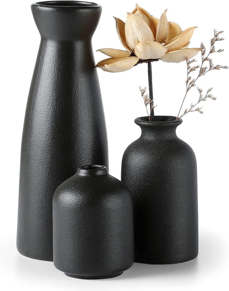 CEMABT Black Ceramic vase Set-3 Small Flower vases for Decor,Modern Boho Farmhouse Home Decor,Decorative vase for Pampas Grass&Dried Flowers,idea Shelf,Table,Bookshelf ，Entryway- Distressed - Image 1